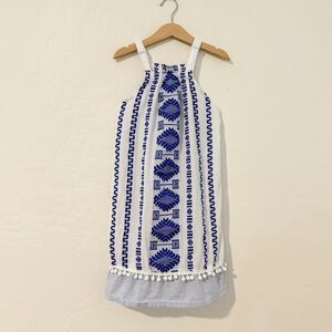 IMA Greece Girls Size 8 Blue White Embroidered Pom Pom Cotton Dress Greek
